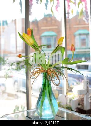 Brightly colored tulips in a cute blue bud vase sit in a sunny window. Stock Photo