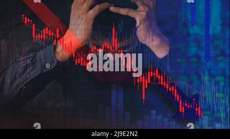 All world stock fail background and digital red number on stock board. Concept of financial crisis. Stock market down trend and despair broker man on Stock Photo