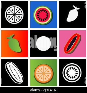 Seamless pattern with watermelon, orange, papaya, mango. Stock fruits pattern on blue background. Design for wall decoration, postcard, poster, brochu Stock Vector