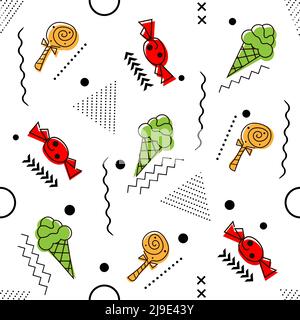 Candy and ice cream memphis pattern. Seamless pattern with candy and ice cream. Design for wall decoration, postcard, poster, brochure, shirt, etc Stock Vector