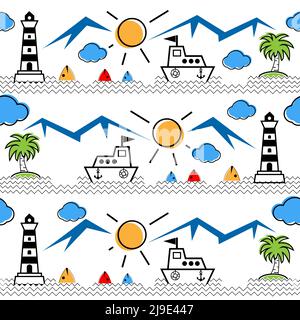 Seamless pattern with mountains, lighthouses, sea, fish, boats, coconut trees. Design for wall decoration, postcard, poster, brochure, shirt, etc Stock Vector