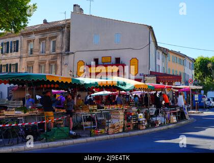 SAINT-REMY-DE-PROVENCE, FRANCE -30 JUN 2021- View of the weekly Wednesday provencal market in St Remy de Provence, France. Stock Photo