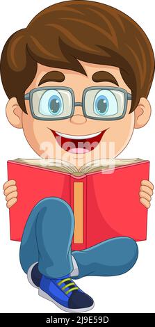 Cartoon little boy sitting and reading a book Stock Vector