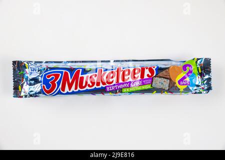 3 Musketeers milk chocolate bar with nougat isolated on a white background. Stock Photo