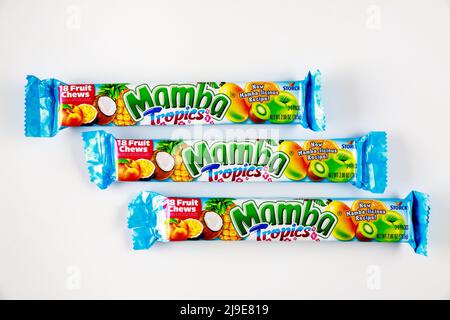 Colorful packets of mamba chewable candy isolated on a white background. Stock Photo