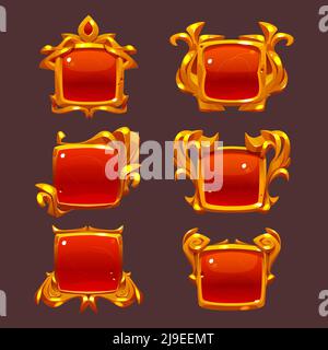 Game level ui icons, golden buttons, isolated award or bonus square frames. Empty badges or banners with red glossy plank, gold decorated wreath, winner and user experience Vector graphics for rpg Stock Vector