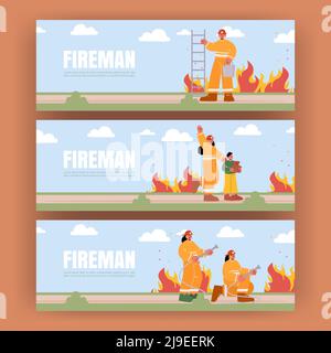 Fireman banners with professional fire fighters with water hose and ladder. Vector posters with flat illustration of fire brigade, man and woman in helmet and safety costume rescues kid Stock Vector