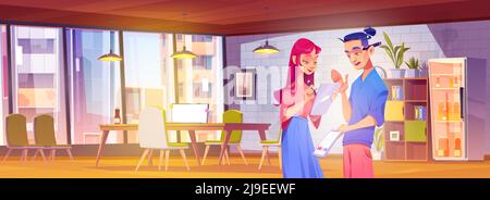 Creative graphic designers talk in coworking office. Vector cartoon illustration of girl and man digital artists with tablet and color swatches on workplace with table, laptop and fridge with drinks Stock Vector