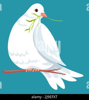 Dove sitting on branch holding foliage in beak Stock Vector