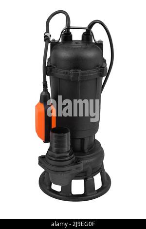 Submersible black metal sewage pump for pumping water placed on white isolated background Stock Photo