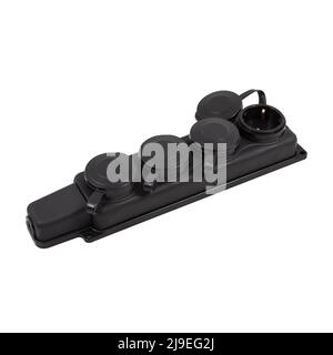 Protected black socket with a cover and grounding isolated on a white background. Stock Photo