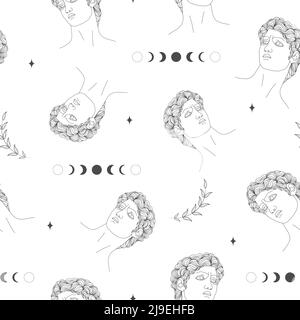 Seamless pattern with ancient greek sculptures. Linear head of David. God antique statue. Trendy vector illustration in one line drawing style Stock Vector