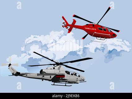 Two Ambulance and army helicopter. Vector 3d illustration Stock Vector