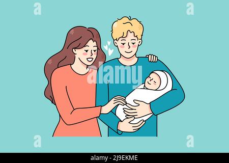 Happy young family with newborn baby enjoy parenthood together. Smiling parents hold in arms infant child show love and care. Fla vector illustration, cartoon character.  Stock Vector
