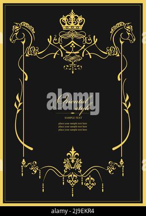 Gold ornament on dark background witn horse head silhouette. Can be used as invitation card. Vector illustration Stock Vector