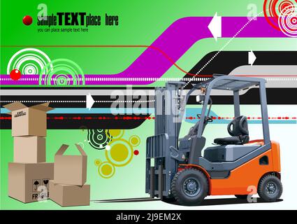 Abstract hi-tech background with boxes and forklift images. Vector 3d Colored illustration Stock Vector