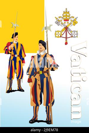 Two Swiss Guards on Vatican flag background. 3d vector illustration Stock Vector