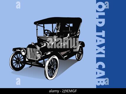 Old London Taxi Cab. Black and White vector illustration Stock Vector