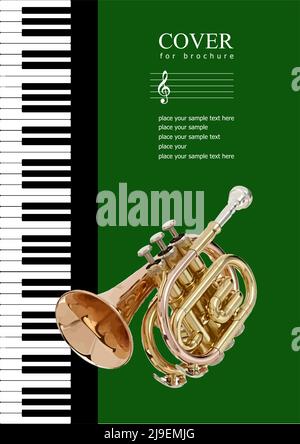 Cover for brochure with Piano and trumpet images. Vector 3d illustration Stock Vector