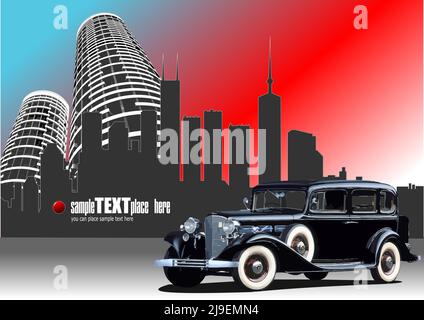 Old rarity car on city background. Vector 3d illustration Stock Vector