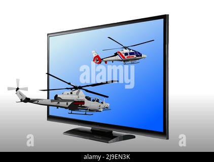 Army Helicopters on tv screen. Abstract Vector 3d illustration Stock Vector