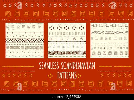 Set of seamless patterns with nordic tribal ornaments. Scandinavian style decor. Endless texture can be used for pattern fills, web page background, s Stock Vector