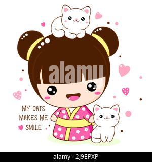 Cute smiling little girl with kitty in kawaii style. Japanese