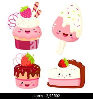 Set of cute cake, muffin, cupcake, popsicle, cheesecake. Collection of kawaii sweet dessert characters with smiling face and pink cheeks for sweet des Stock Vector