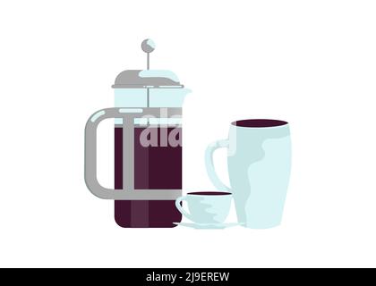 Glass coffee maker is full of coffee and porcelain cups Stock Vector