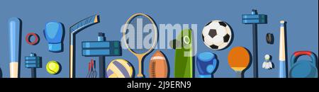 Sports equipment for athletes. Set of tools. Horizontal seamless bottom border. Colorful Illustration. Vector. Stock Vector