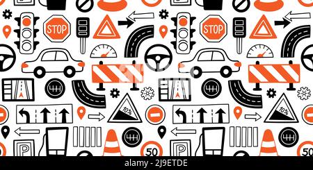 Hand drawn drive symbols seamless pattern. Doodle cars, road objects, traffic sign and automobile symbols. Vector illustration for driving school auto Stock Vector