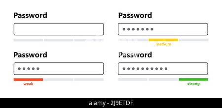 Password weak, medium and strong interface. Password form template for website. Digital security bar. Safety requirement. App design layout interface Stock Vector