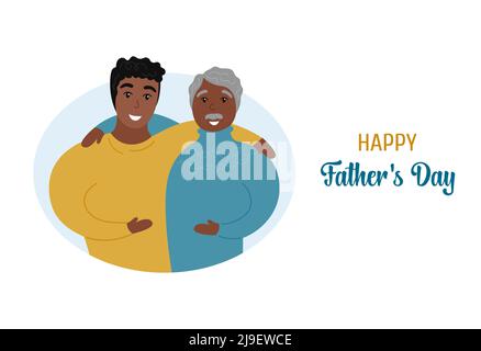 Fathers Day card. Elderly father and adult son embrace. Happy african american man hugs his senior dad. Two men together. Flat vector celebration illu Stock Vector