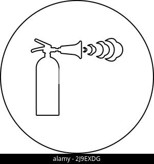 Fire extinguisher in action with foam bubbles jet for extinguishing puts out fire fighting icon in circle round black color vector illustration image Stock Vector