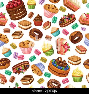 Cartoon colorful desserts seamless pattern with sweet products cakes cupcakes cookies macaroons donuts and berries vector illustration Stock Vector