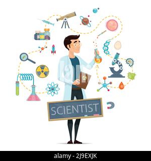 Science round template with scientist different equipment tools and elements of biology chemistry astronomy isolated vector illustration Stock Vector