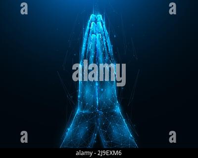 Polygonal vector illustration of praying hands on dark blue background. Pray low poly design. Religious futuristic banner template or background. Reli Stock Vector