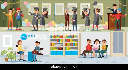 People in university horizontal banners with graduation celebration ceremony and bank recruitment of graduates vector illustration Stock Vector