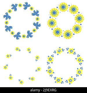 Set of round frames with sunflowers, birds and flowers. Beautiful decorative napkins in yellow and blue tones, colors of Ukrainian flag. Vector Stock Vector