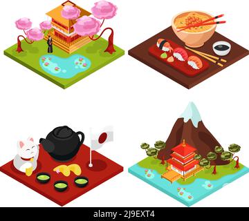 Japan travel culture food concept 4 isometric compositions with mountain sakura temple tea ceremony isolated vector illustration Stock Vector