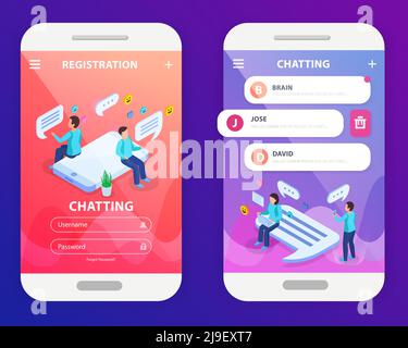 Chatting mobile app isometric composition with registration login and messaging people 2 smartphone screen images vector illustration Stock Vector