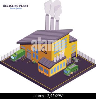 Isolated and isometric garbage illustration with recycling plant headline and modern building vector illustration Stock Vector