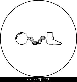 Ball and chain attached foot Silhouette pulling weights Leg with cargo Punishment icon in circle round black color vector illustration image outline Stock Vector