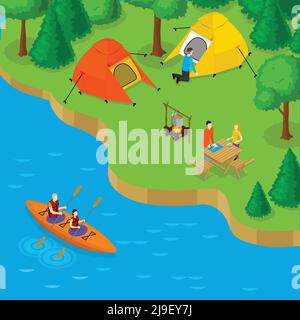 Isometric camping and active recreation concept with people placing tents in forest and couple in boat on river vector illustration Stock Vector