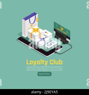 Customer loyalty retention isometric background composition with read more button images of gift boxes and smartphone vector illustration Stock Vector