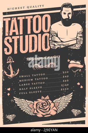 Vintage tattoo studio poster with price list professional master anchor heart rose and wings vector illustration Stock Vector