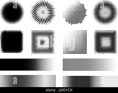 Monochrome halftone effects design elements set with dotted circles squares and rectangles isolated vector illustration Stock Vector
