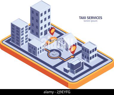 Isometric taxi composition with planar smartphone shaped surface and modern buildings with yellow cab and route vector illustration Stock Vector