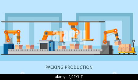 Flat automated robotic arms packing boxes on conveyor belt vector ...