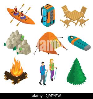 Isometric camping elements set with people in boat backpack table chairs mountain tent sleeping bag bonfire walking couple tree isolated vector illust Stock Vector